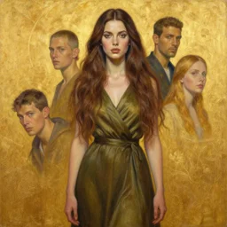 epic painting of highly detailed long brown haired female in olive dress on golden glowing background in style of amy leibowitz, wlop, jeremy lipkin, beeple