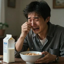 a man crying because his milk carton is empty and cant eat cereal
