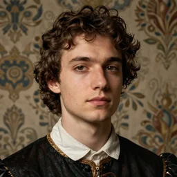 close - up portrait of renaissance dressed young man, background with wallpaper, art by caravaggio