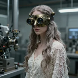 cinestill 5 0 d portrait of a dreamy dystopian beautiful woman britt marling 3 / 4 by liebovitz stand in a cyborg factory wearing a steampunk mask, long hair, wearing long lace, 2 4 mm lens, 8 k, elegant, highly detailed, pale mute matt, brutal rembrandt, artstation, sharp focus, head in focus