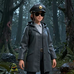 A girl in a gray raincoat and a detective hat, sunglasses and a mysterious smile stands against the background of a radioactive forest, graphics, fallout 4 render, 3d computer render, maximum details, rain, night, spotlight,