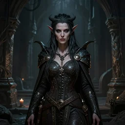 a highly detailed portrait of a female tiefling, eerie medieval castle dungeon setting, ambient light, fantasy art, pathfinder portrait, d & d portrait, artstation, digital art, symmetrical, centered, art by michael whelan, artgerm, tim hildebrandt, gerald brom, giger