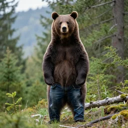 bear in a mountains forest wearing hoodie and jeans real photo