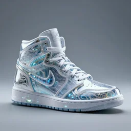 a futuristic biological grown biomechanical chitin exoscoleton nike jordan high top basketball shoe designed by neri oxman and tinker hatfield with bioluminescence, hyperrealistic, photorealistic, transluscent, glass, biology, beautiful, architecture, biologicial, product design, clean, highly detailed, octane render, 8 k, cinematic mood lighting, unreal engine, ornate detail,