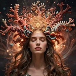 ridiculously beautiful young woman tripping, coral fractals radiating from head with sacred geometry, natural, symmetrical, in the style of ernst haeckel, effervescent, warm, photo realistic, epic and cinematic,