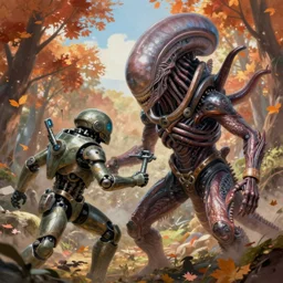 an epic fantasy comic book style portrait painting of a facehugger attacking a cyborg, studio ghibli, unreal 5, daz, hyperrealistic, octane render, cosplay, rpg portrait, dynamic lighting, intricate detail, harvest fall vibrancy, cinematic