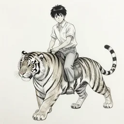 a human man riding on a tiger, in anime style, detailed pen drawing