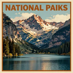 mountains, trees, and lake, vintage national parks poster