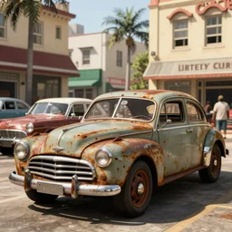 rusty and restored vintage cars in liberty city, grand theft auto, photorealistic hyperdetailed 3 d matte painting, hyperrealistic, cinematic, unrealengine octane render,