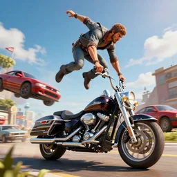 evel knievel jumping over vehicles on harley davison 3 d studiomax, maya 3 d, unrealengine, 4 k, 8 k, hdr, extreme render, mind - bending reality, hyper detailed, wide angle ultra - vivid, photo - realistic nikon 3 5 mm, photograph