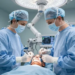 an x ray of face transplant in an operating room with robotic surgeons , photorealistic,by Wlop,4k resolution