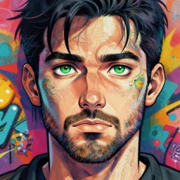 beautiful anime of bold head with stubble!!! beard and green eyes, by sherree valentine daines, peter mohrbacher, alice neel, donato giancola, mike winkelmann, laurie greasley. trending on artstation, 8 k, masterpiece, graffiti, fine detail, full of color, intricate detail, golden ratio illustration, face detail