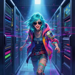 an angelic hacker with turquoise hair in vast cyberspace glitching through a vulnerable server, wearing sunglasses, wearing necklaces, futuristic clothes, vibrant colors, glitchy, rule of thirds, spotlight, drips of paint, expressive, passionate, by greg rutkowski, by jeremy mann, by francoise nielly, by van gogh, digital painting
