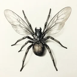 a spider with wings, anatomical drawing, ink