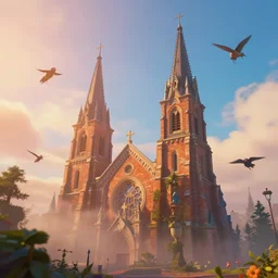 spirits flying over a church, cinematic, color grading, camcorder effect, side - view, warm color palette, colorful, technicolor, 3 d, sunlight, mist, ray tracing reflections, post - production, by weta digital, by weta fx, by wlop