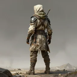 an intricate concept art of an explorer nomad with bag standing, post - apocalyptic, back - view, full body shot, fuzichoco color palette, digital art, style by ivan talavera and artgerm and wlop, hyper realistic, photorealistic, octane render, trending on artstation, cgsociety, cinematic light