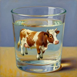 tiny cow in glass drink swimming | style salvadore dali | oil painting | featured artstation | impressionist