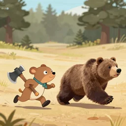 the character Toad chasing a grizzly bear with an axe