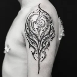 a thin intricate lineart swirling tribal tattoo design, black and white