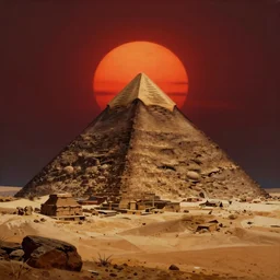 an oil painting of a pyramid in in a post apocalyptic desert and a dark red sun, fantasy,hyper realistic, atmospheric lighting, cinematic, 8k,