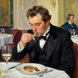 vibrant oil painting handsome aristocrat in elegant black suit eating small cooked and sliced dune sandworm in a beautiful restaurant, painted by greg rutkowski cushart krentz jeremy mann alphonse mucha, dune sandworm, wine glass, marble interior, close up shot, soft lighting, morandi color scheme, white tablecloth, baroque style, volumetric lighting, photo realistic, highly detailed, sharp focus