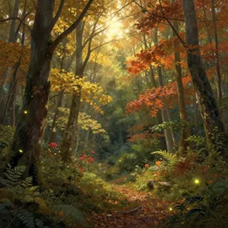 A detailed and beautiful rich illustration depicting a lush and blooming autumn forest, (((small fireflies here and there))), sun glare coming from above::by Andreas Rocha, by John Frederick Kensett, by Clive Madgwick::featured on deviant art, trending on artstation