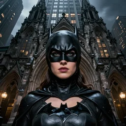 Portrait of Karen Gillan Batgirl, detailed face, symmetrical face:: Batgirl stands in front of entrance to an imposing and magnificent Gotham skyscraper:: twisted gothic architecture, dark Atmosphere, Dramatic lighting, Epic composition, photorealism, very lifelike:: Laura Braga comic art