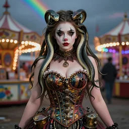 photorealistic soft paint of a curiosities carnival, single young beautiful shy curvy dollpunk clown in a full steampunk corset, very long snakes hairs, symmetry accurate features, ominous depths, elegance, focus, rainbow lighting, very high details, award winning masterpiece, behance, by tom bagshaw