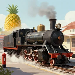 steam locomotive pineapple post office, concept art, digital Art