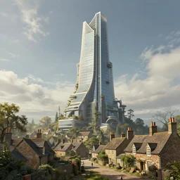 Matte painting of a neofuturistic skyscraper rising from antiquated English village. Fantastical, elaborate, detailed digital art trending in artstation