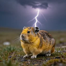 yellow pika. stormy weather. lightning strike. wildlife photography.