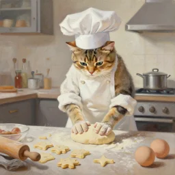 cat wearing chefs hat kneading dough making biscuits in the kitchen, oil painting, artstation, ana dascalu