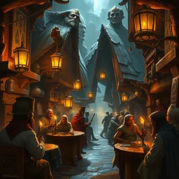 a rowdy tavern with all races of fantasy, matte painting by dan mumford and craig mullins and boris vallejo, trending on artstation