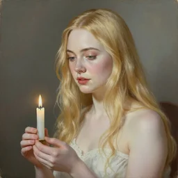 Painting of Elle Fanning holding a candle, long blonde hair, delicate, pale milky white porcelain skin, by Edmund Leighton. 8K. Extremely detailed.