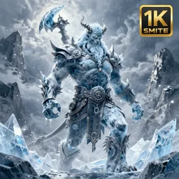 mythological norse god ymir made of ice, epic painting, video game smite style, as an assassin, 4 k, detailed