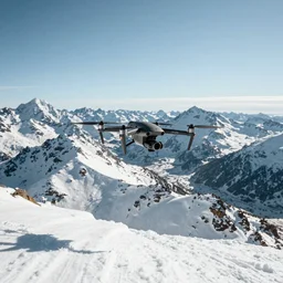 long range Fpv drone diving down Snowy mountain Range, 8k