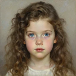 portrait of a 4 5 years old woman with long curly brown hair and blue eyes, beautiful painting by artgerm and greg rutkowski
