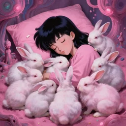 Keeping you sane, And you fade away just enough, You felt the edge again, You took two pills And you fell asleep, Hugging six rabbits And having pink nightmares, concept art, trade on artstation, psychedelic, by Yoshitaka Amano, Greg Tocchini, Zdzisław Beksiński, Extremely high detail, realistic, fantasy art, masterpiece, Hyperrealism. Subsurface scattering. Octane Render. Weirdcore