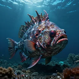 scary eerie deep sea fish that look like monsters. Photograph.