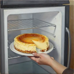 still of putting cheesecake in the fridge oil on canvas, intricate, portrait, 8 k highly professionally detailed, hdr, cgsociety