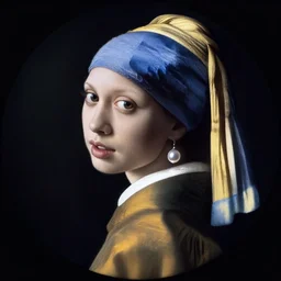 fish eye of girl with a pearl earring looking at me, dark lighting