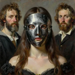 The beautiful woman in steel full-face occult mask by Ilya Repin, William Blake, Michelangelo da Caravaggio and Beksinski, grisaille, highly detailed oil painting, 4k, masterpiece