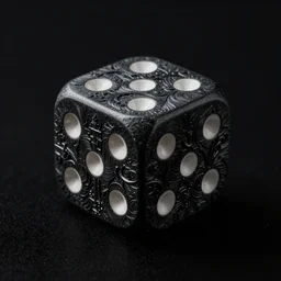 a dice with the number six being showed, being displayed, dark fantasy, full black background