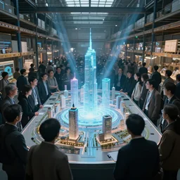 large group people in a glass warehouse, looking at hologram of futuristic city on a table | cinematic concept art | godrays | 4 k | clear details | tabletop model buildings | tabletop model | hologram center