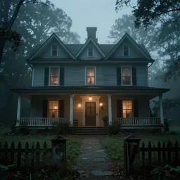 opening cinematic shot from a horror movie about a haunted house, establishing shot, wide angle lens, dramatic lighting, fog, southern gothic