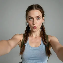 lara Croft posing for a selfie pouting her lips, wide shot, realistic, 8k resolution, hyperdetailed, highly detailed, real life, studio lighting, high quality, photo