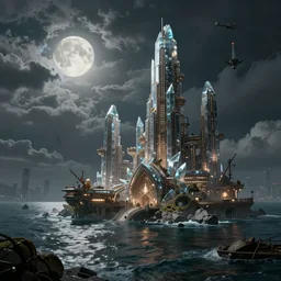 urbex by claude lorrain, liberty city futuristic sea partly cloudy night steampunk cgsociety crystal architecture island moon assassin's creed, archdaily, wallpaper, highly detailed, trending on artstation.