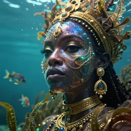 hyperrealistic wide shot of very expressive! translucent!! african goddess, cinematic underwater scene with fish and algae, gold jewerly, highly detailed face, digital art masterpiece, eric zener cam de leon, dramatic pearlescent turquoise light on one side, low angle uhd 8 k, shallow depth of field