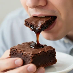a 5 0 mm macro shot of a man eating chocolate fudge brownies, gooey, depth of field, high resolution