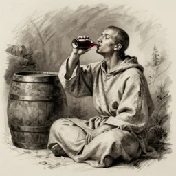 sketch of a monk drinking wine next to a barrel, in the style of da Vinci